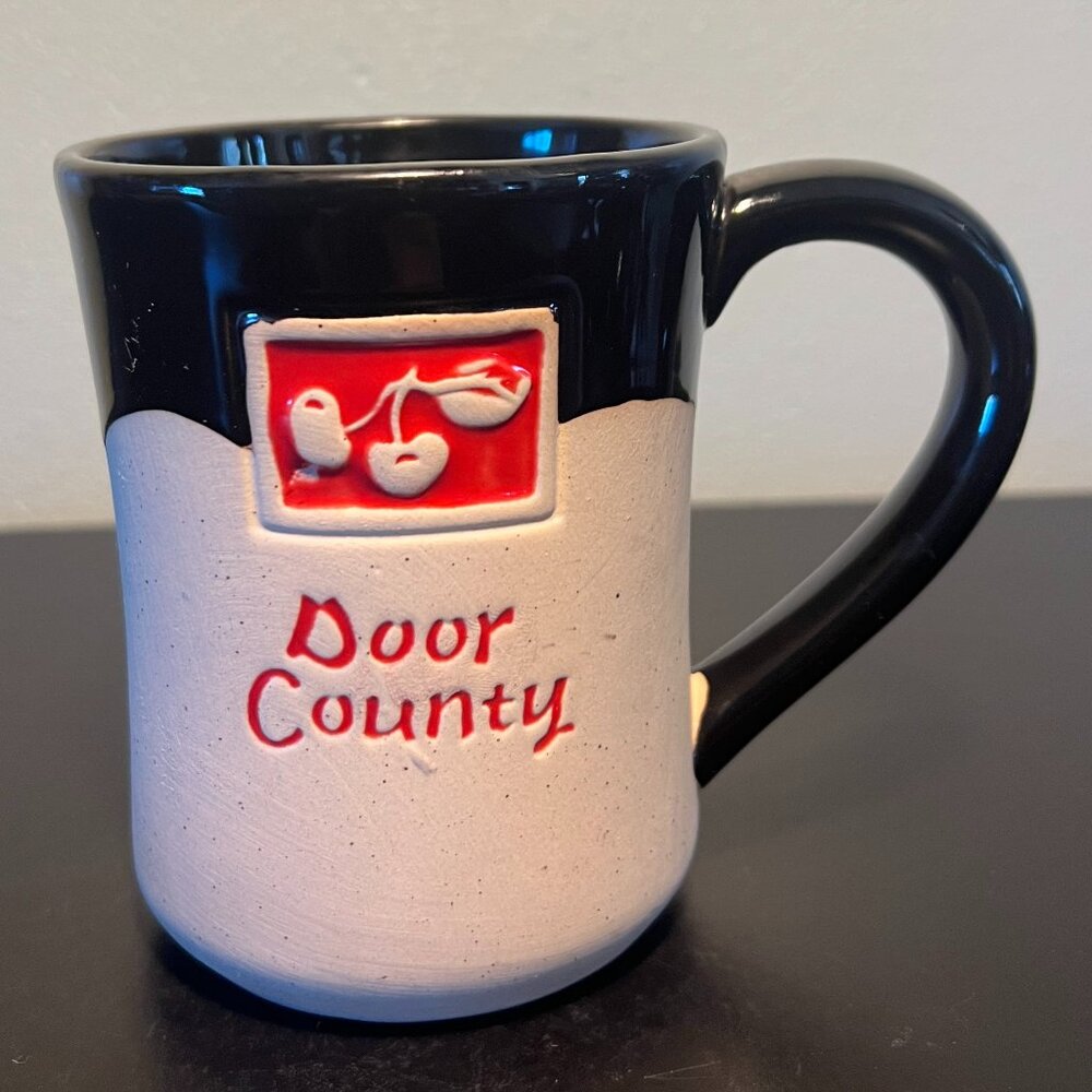 Door County Wisconsin CHERRIES Embossed Medallion Souvenir Pottery Mug 15oz